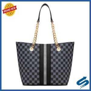 Large Vegan Leather Tote Bag with Chain Handle, 12x11x5 Inches